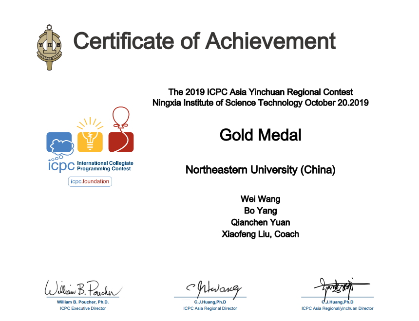 ICPC Yinchuan Certificate